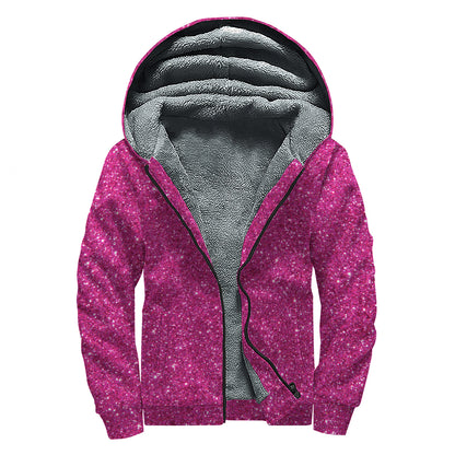 Magenta Pink (NOT Real) Glitter Print Sherpa Lined Zip Up Hoodie