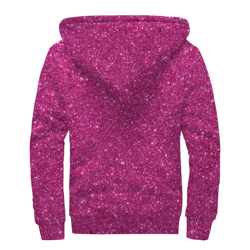 Magenta Pink (NOT Real) Glitter Print Sherpa Lined Zip Up Hoodie