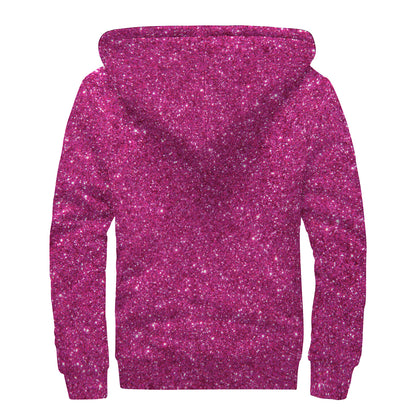 Magenta Pink (NOT Real) Glitter Print Sherpa Lined Zip Up Hoodie