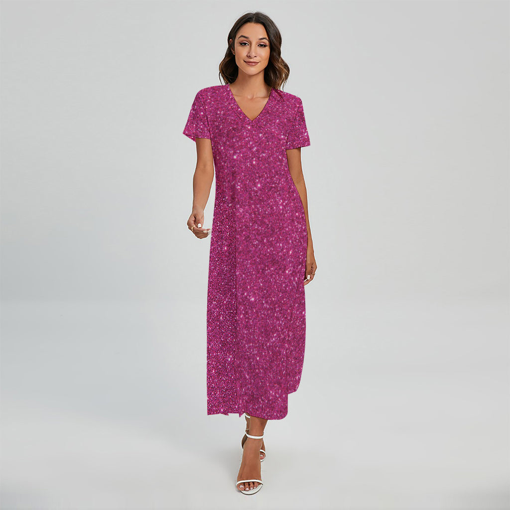 Magenta Pink (NOT Real) Glitter Print Short Sleeve Maxi Dress