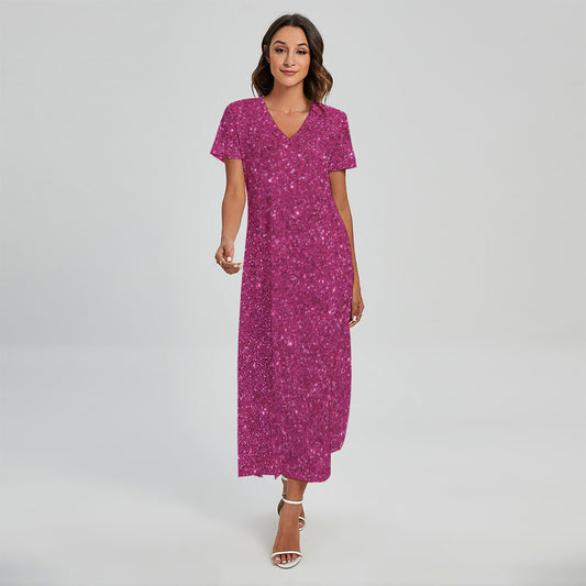 Magenta Pink (NOT Real) Glitter Print Short Sleeve Maxi Dress