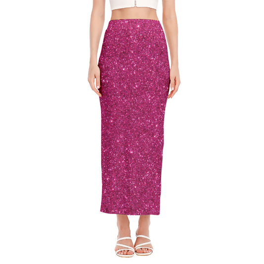 Magenta Pink (NOT Real) Glitter Print Side Slit Maxi Skirt
