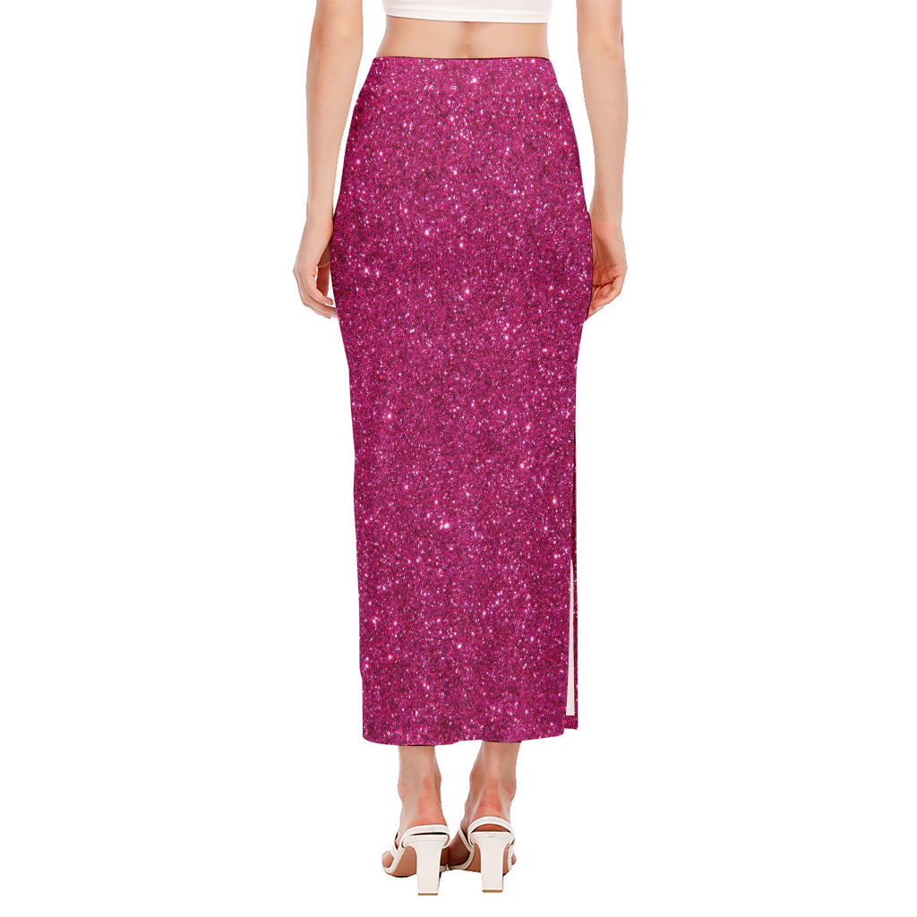 Magenta Pink (NOT Real) Glitter Print Side Slit Maxi Skirt
