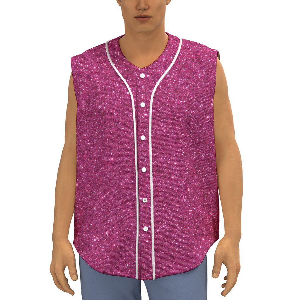 Magenta Pink (NOT Real) Glitter Print Sleeveless Baseball Jersey