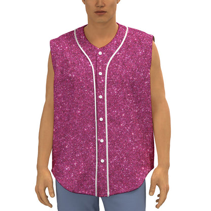 Magenta Pink (NOT Real) Glitter Print Sleeveless Baseball Jersey