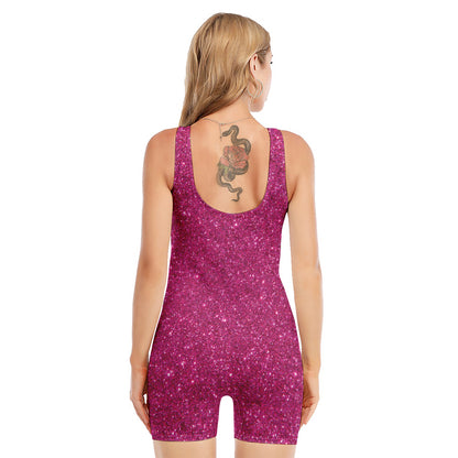 Magenta Pink (NOT Real) Glitter Print Sleeveless One Piece Swimsuit
