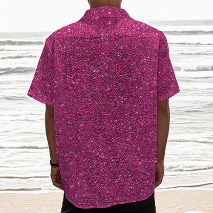 Magenta Pink (NOT Real) Glitter Print Textured Short Sleeve Shirt