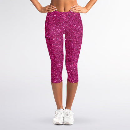 Magenta Pink (NOT Real) Glitter Print Women's Capri Leggings