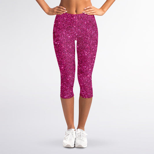 Magenta Pink (NOT Real) Glitter Print Women's Capri Leggings
