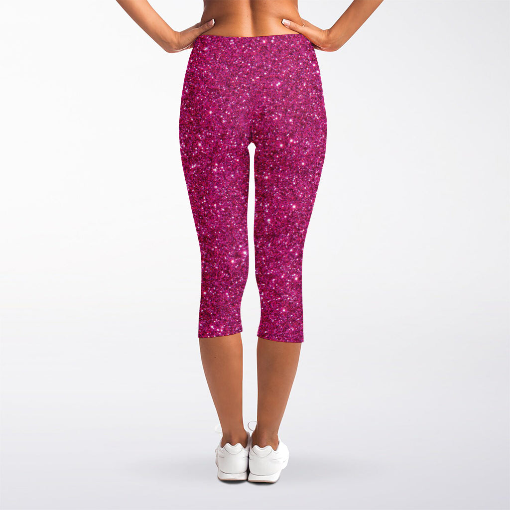 Magenta Pink (NOT Real) Glitter Print Women's Capri Leggings