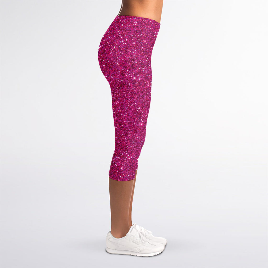 Magenta Pink (NOT Real) Glitter Print Women's Capri Leggings
