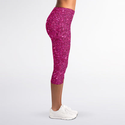 Magenta Pink (NOT Real) Glitter Print Women's Capri Leggings