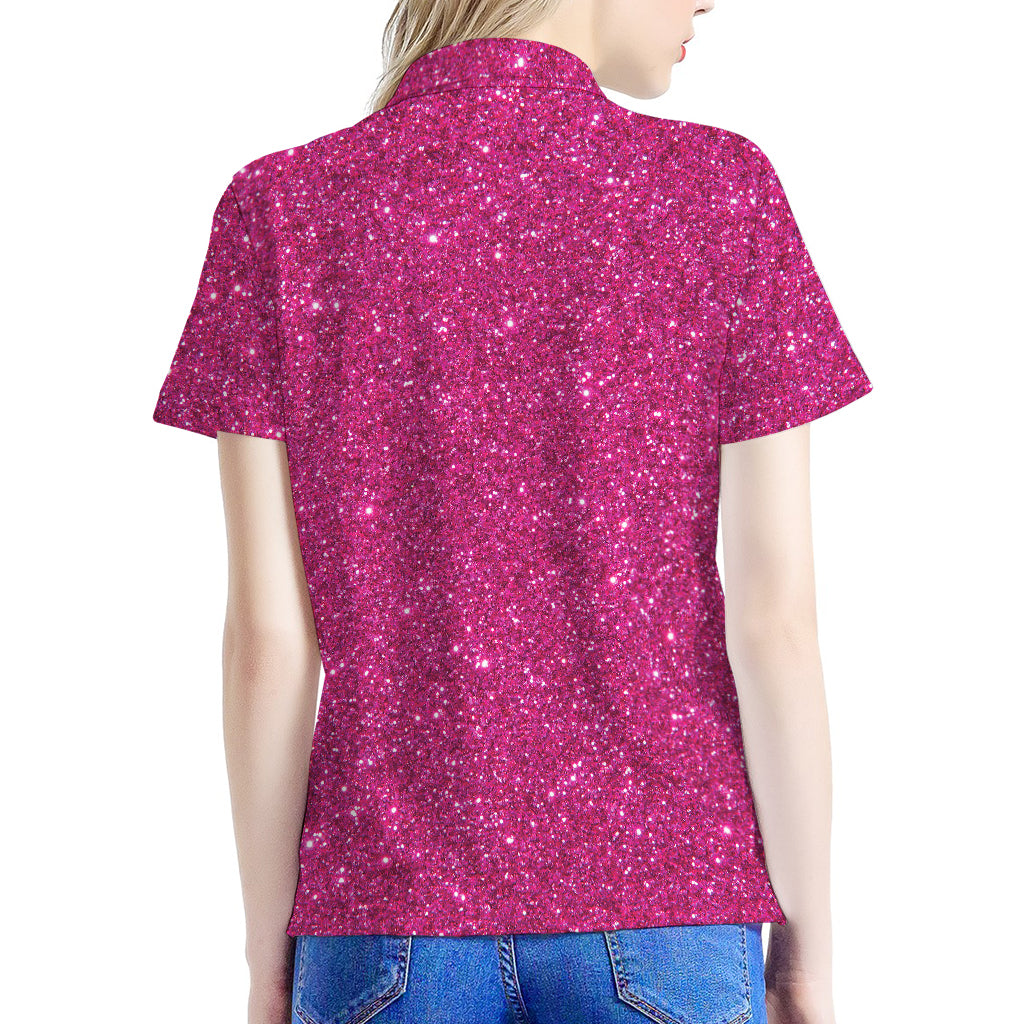 Magenta Pink (NOT Real) Glitter Print Women's Polo Shirt