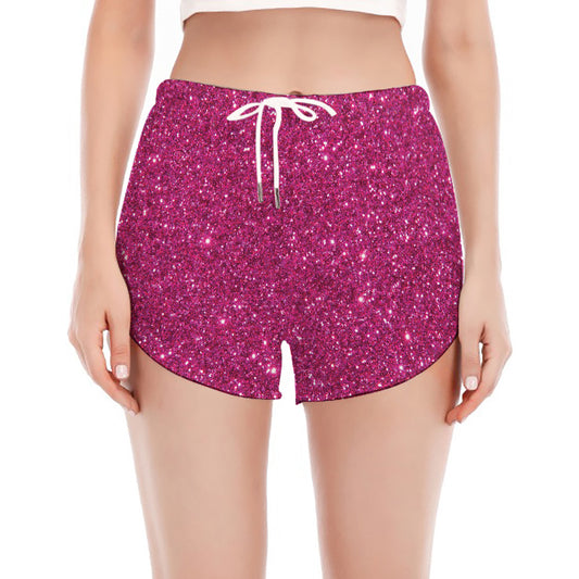 Magenta Pink (NOT Real) Glitter Print Women's Split Running Shorts