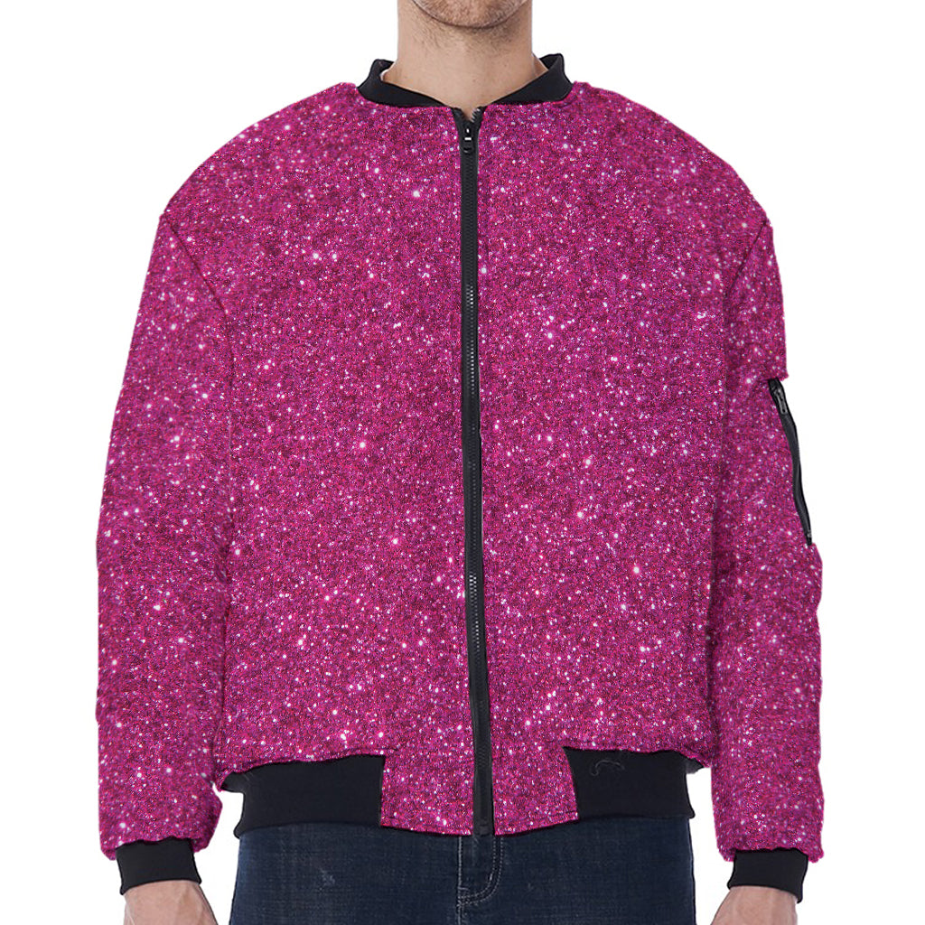 Magenta Pink (NOT Real) Glitter Print Zip Sleeve Bomber Jacket