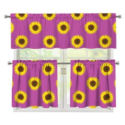 Magenta Pink Sunflower Pattern Print 3 Piece Kitchen Curtains