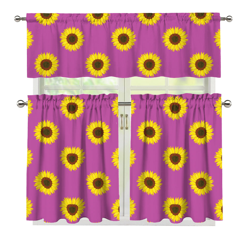 Magenta Pink Sunflower Pattern Print 3 Piece Kitchen Curtains