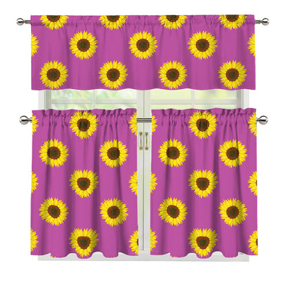 Magenta Pink Sunflower Pattern Print 3 Piece Kitchen Curtains