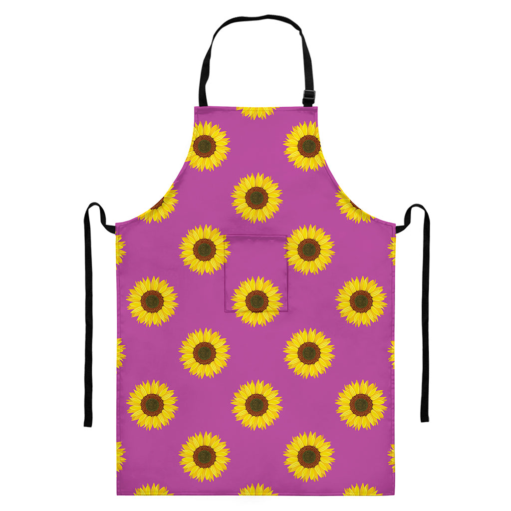 Magenta Pink Sunflower Pattern Print Bib Apron With Pocket