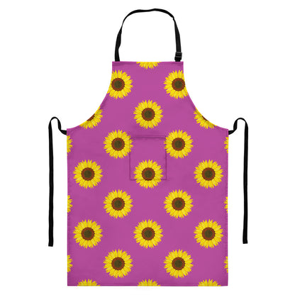 Magenta Pink Sunflower Pattern Print Bib Apron With Pocket