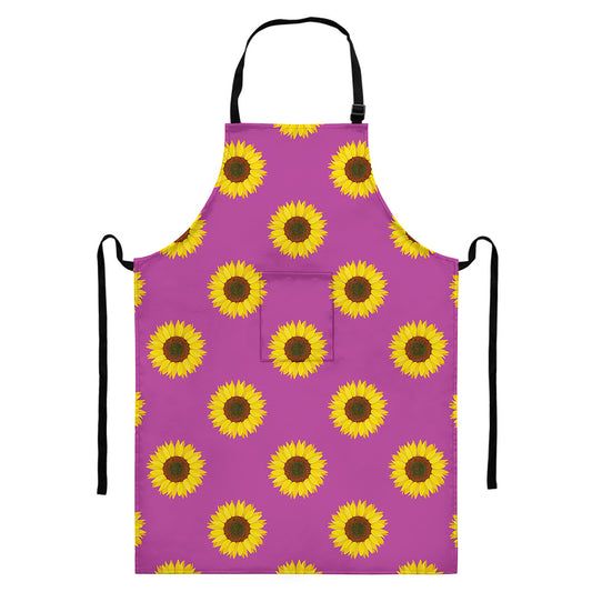 Magenta Pink Sunflower Pattern Print Bib Apron With Pocket