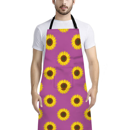Magenta Pink Sunflower Pattern Print Bib Apron With Pocket