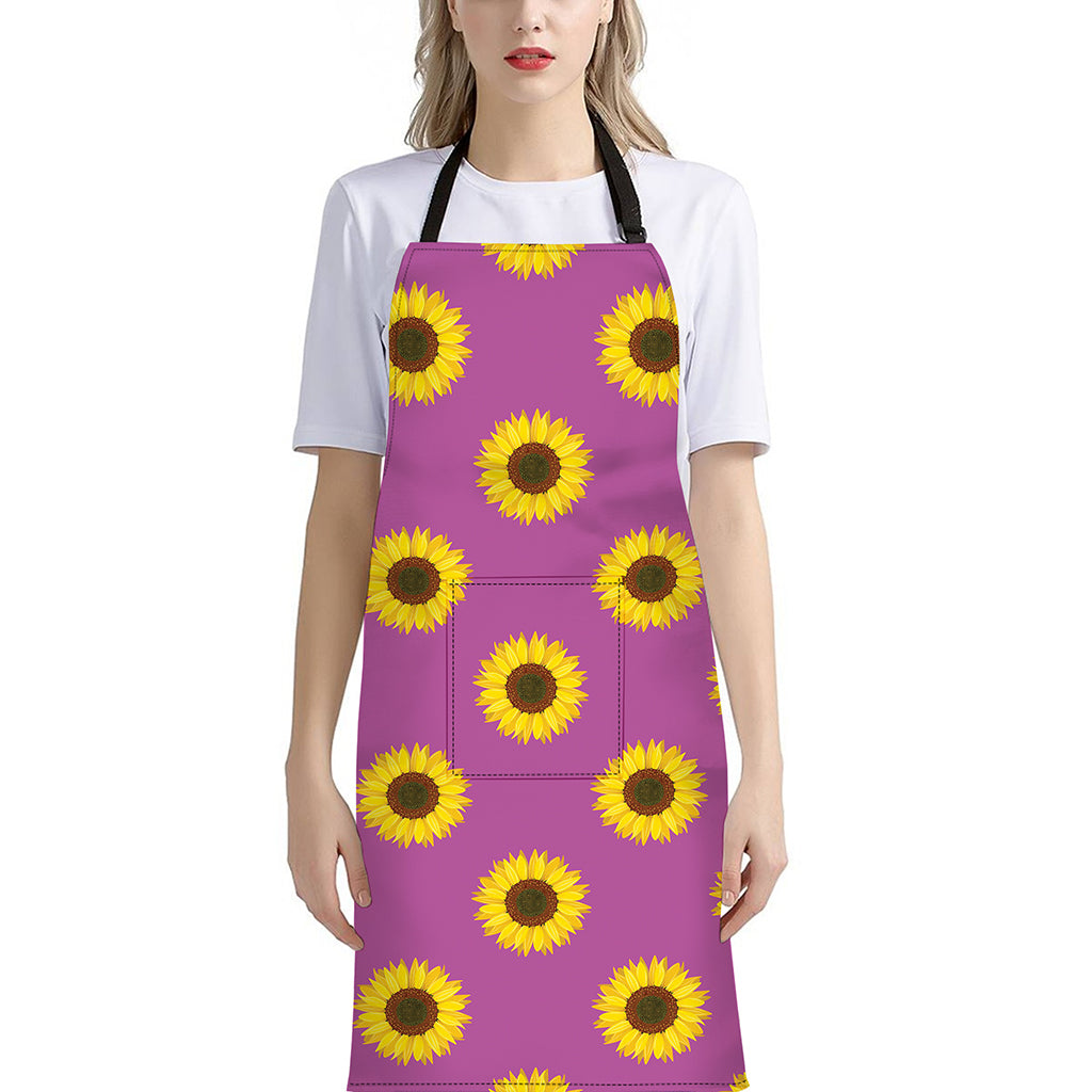 Magenta Pink Sunflower Pattern Print Bib Apron With Pocket