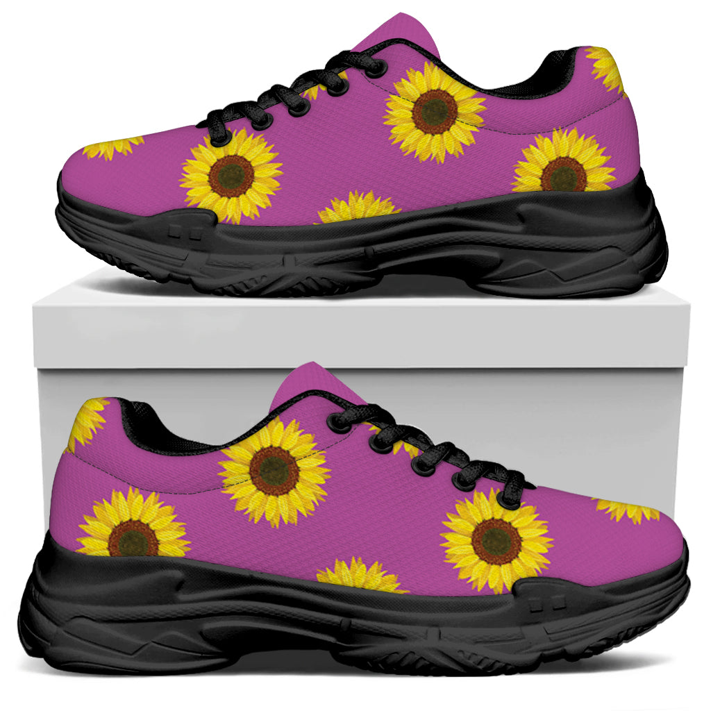 Magenta Pink Sunflower Pattern Print Black Chunky Shoes