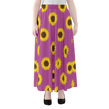 Magenta Pink Sunflower Pattern Print Chiffon Maxi Skirt