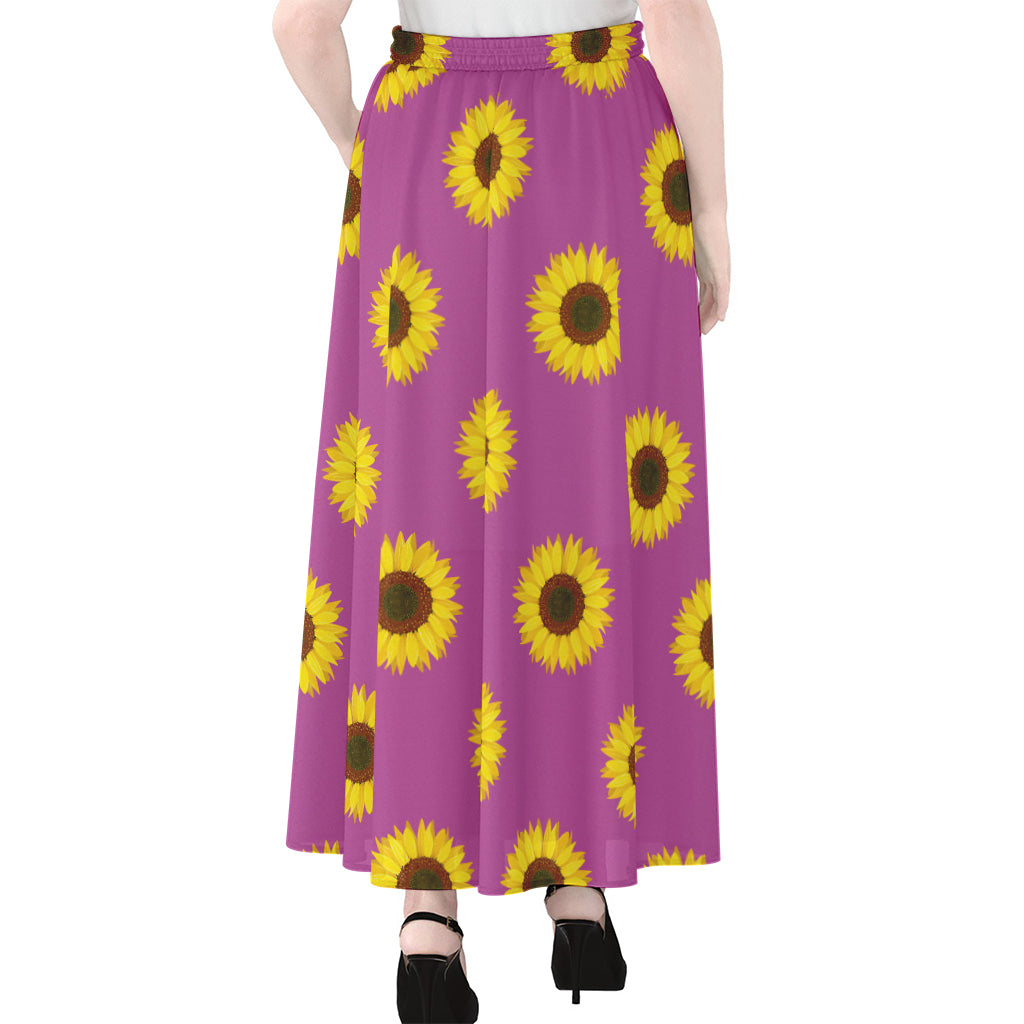 Magenta Pink Sunflower Pattern Print Chiffon Maxi Skirt