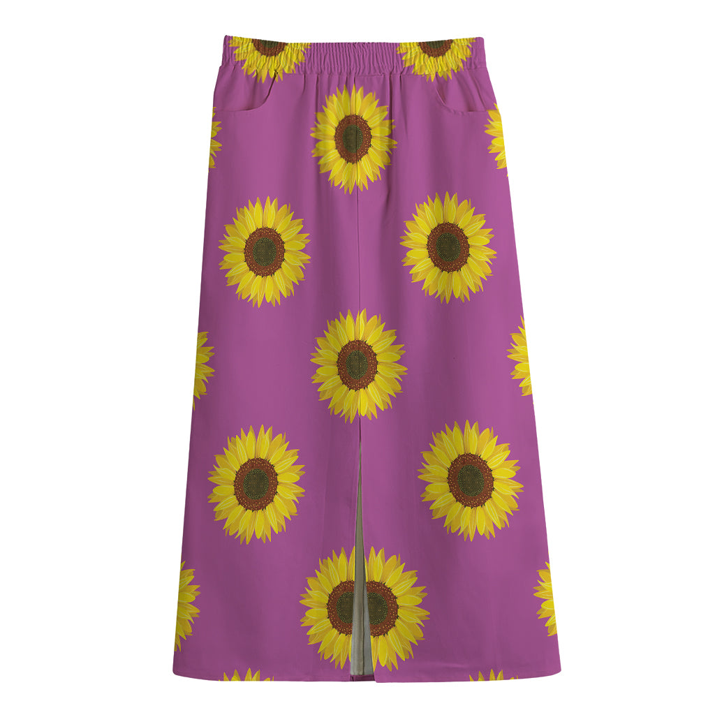 Magenta Pink Sunflower Pattern Print Cotton Front Slit Maxi Skirt