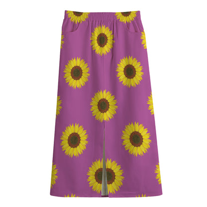 Magenta Pink Sunflower Pattern Print Cotton Front Slit Maxi Skirt