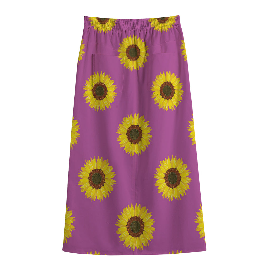 Magenta Pink Sunflower Pattern Print Cotton Front Slit Maxi Skirt