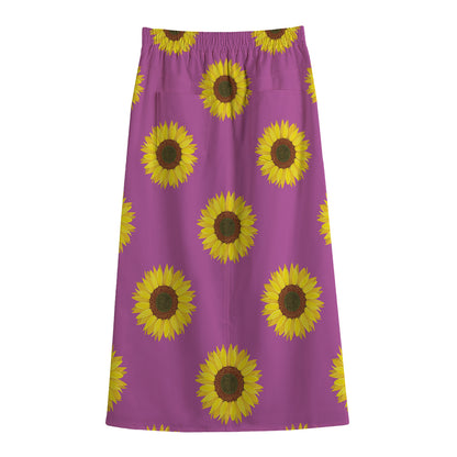 Magenta Pink Sunflower Pattern Print Cotton Front Slit Maxi Skirt