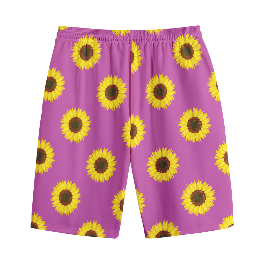 Magenta Pink Sunflower Pattern Print Cotton Shorts