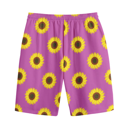 Magenta Pink Sunflower Pattern Print Cotton Shorts