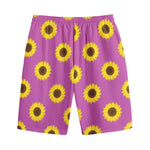 Magenta Pink Sunflower Pattern Print Cotton Shorts