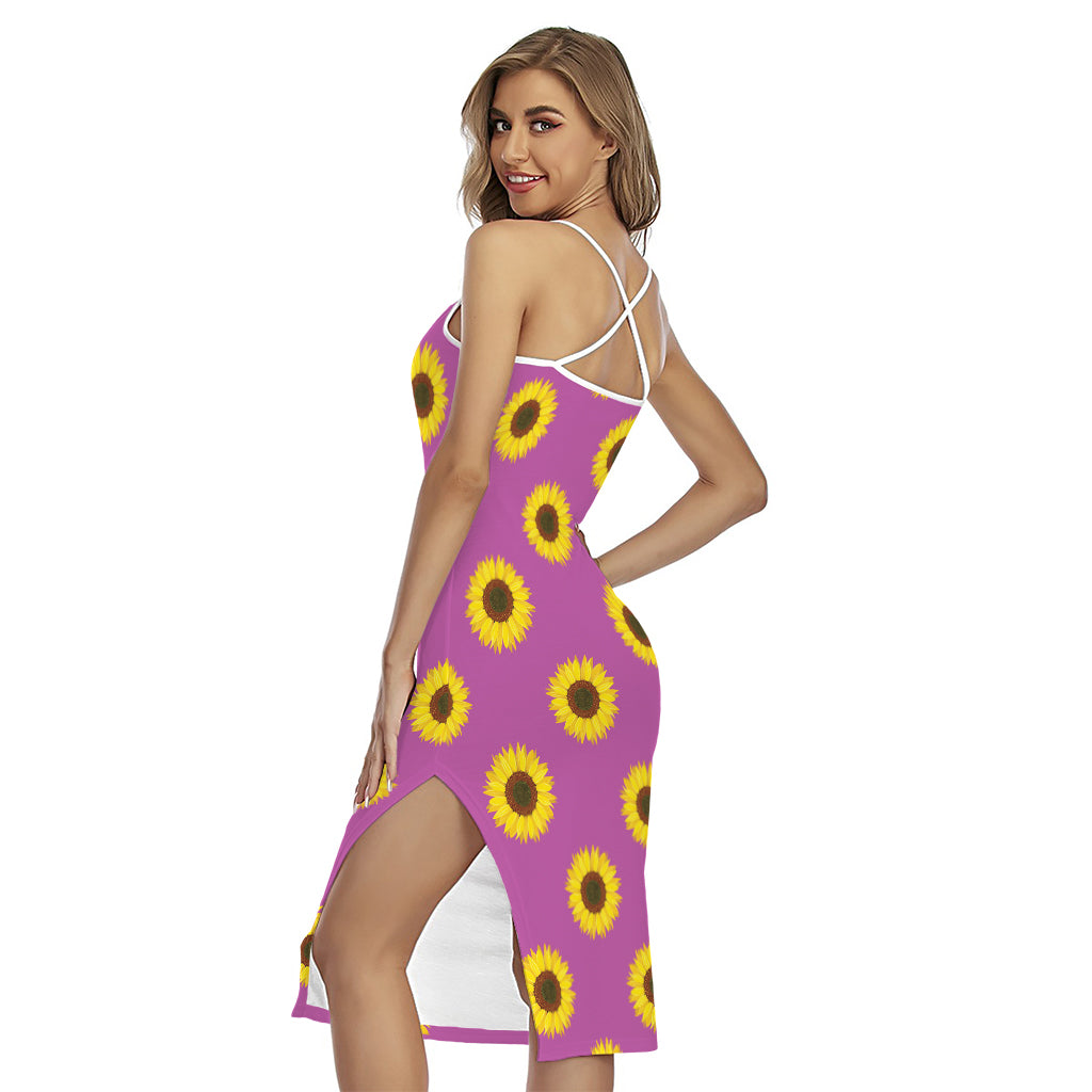 Magenta Pink Sunflower Pattern Print Cross Back Cami Dress