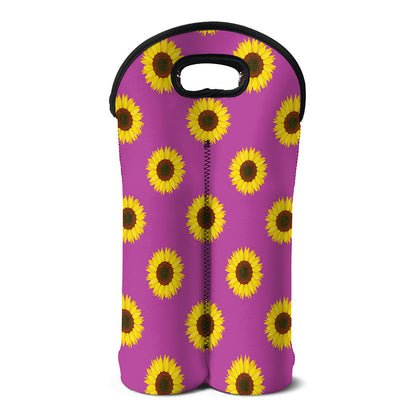 Magenta Pink Sunflower Pattern Print Double Neoprene Wine Tote