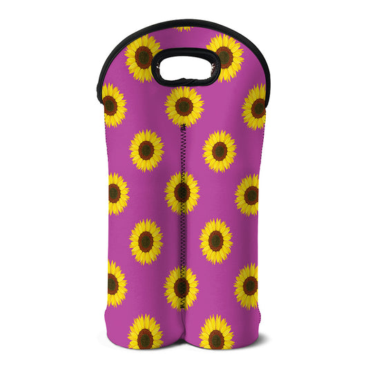 Magenta Pink Sunflower Pattern Print Double Neoprene Wine Tote