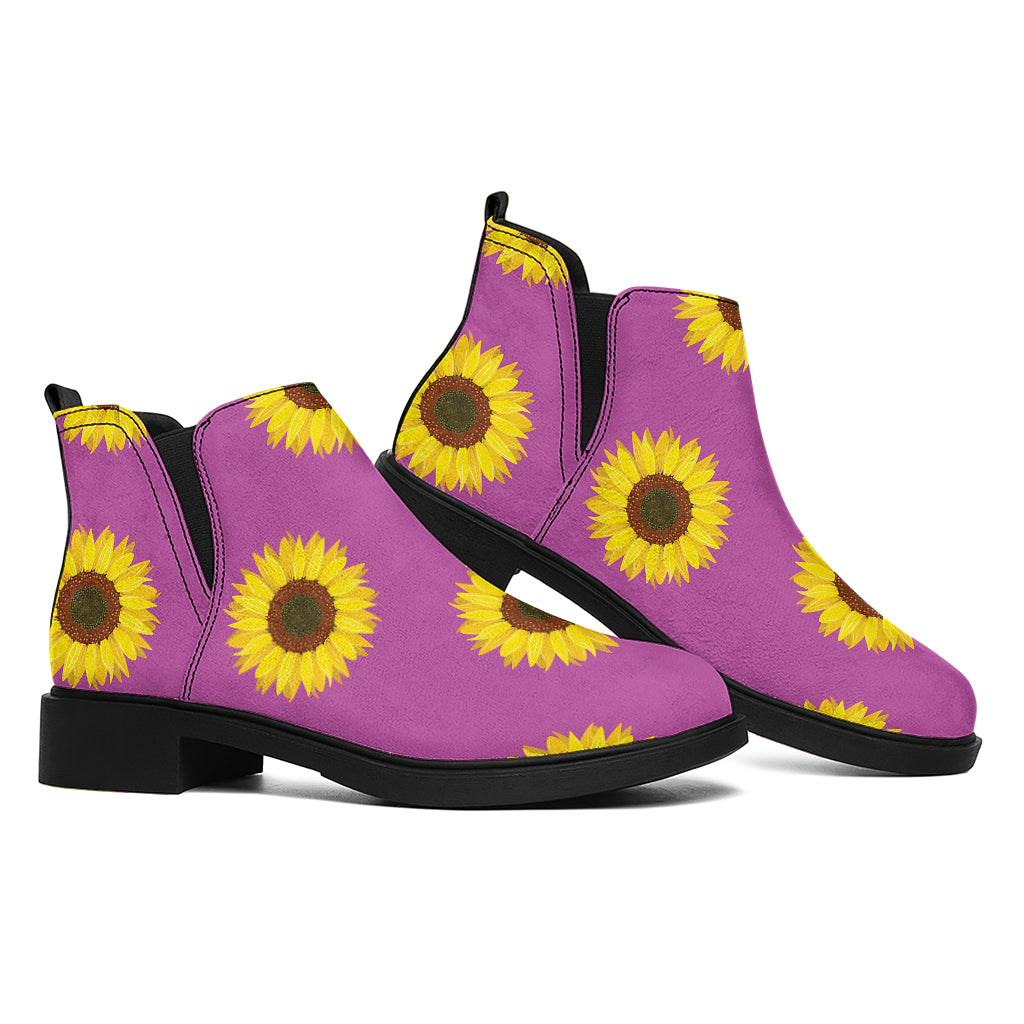 Magenta Pink Sunflower Pattern Print Flat Ankle Boots