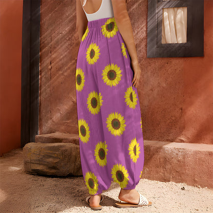 Magenta Pink Sunflower Pattern Print Harem Pants