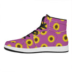 Magenta Pink Sunflower Pattern Print High Top Leather Sneakers