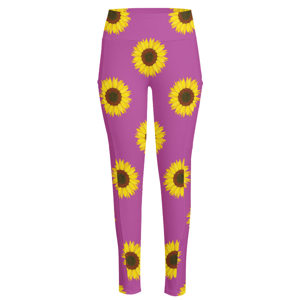 Magenta Pink Sunflower Pattern Print High-Waisted Pocket Leggings