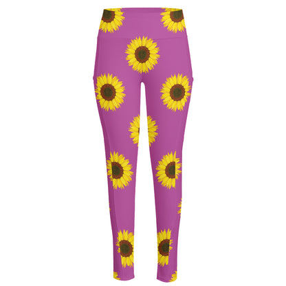 Magenta Pink Sunflower Pattern Print High-Waisted Pocket Leggings