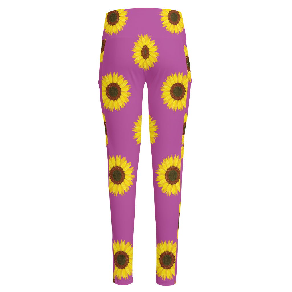 Magenta Pink Sunflower Pattern Print High-Waisted Pocket Leggings