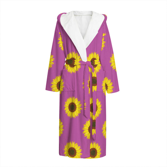 Magenta Pink Sunflower Pattern Print Hooded Bathrobe