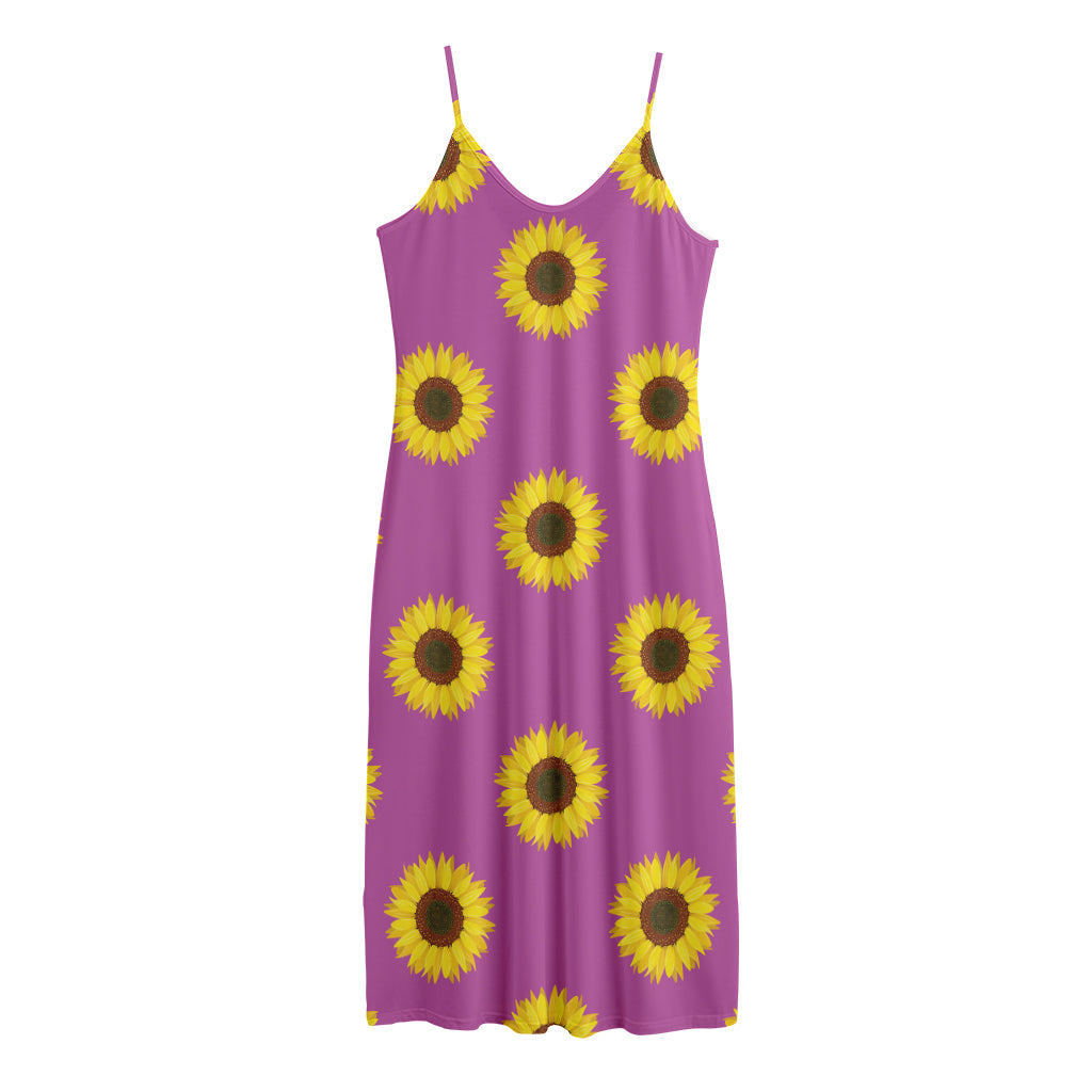 Magenta Pink Sunflower Pattern Print Jersey Midi Cami Dress