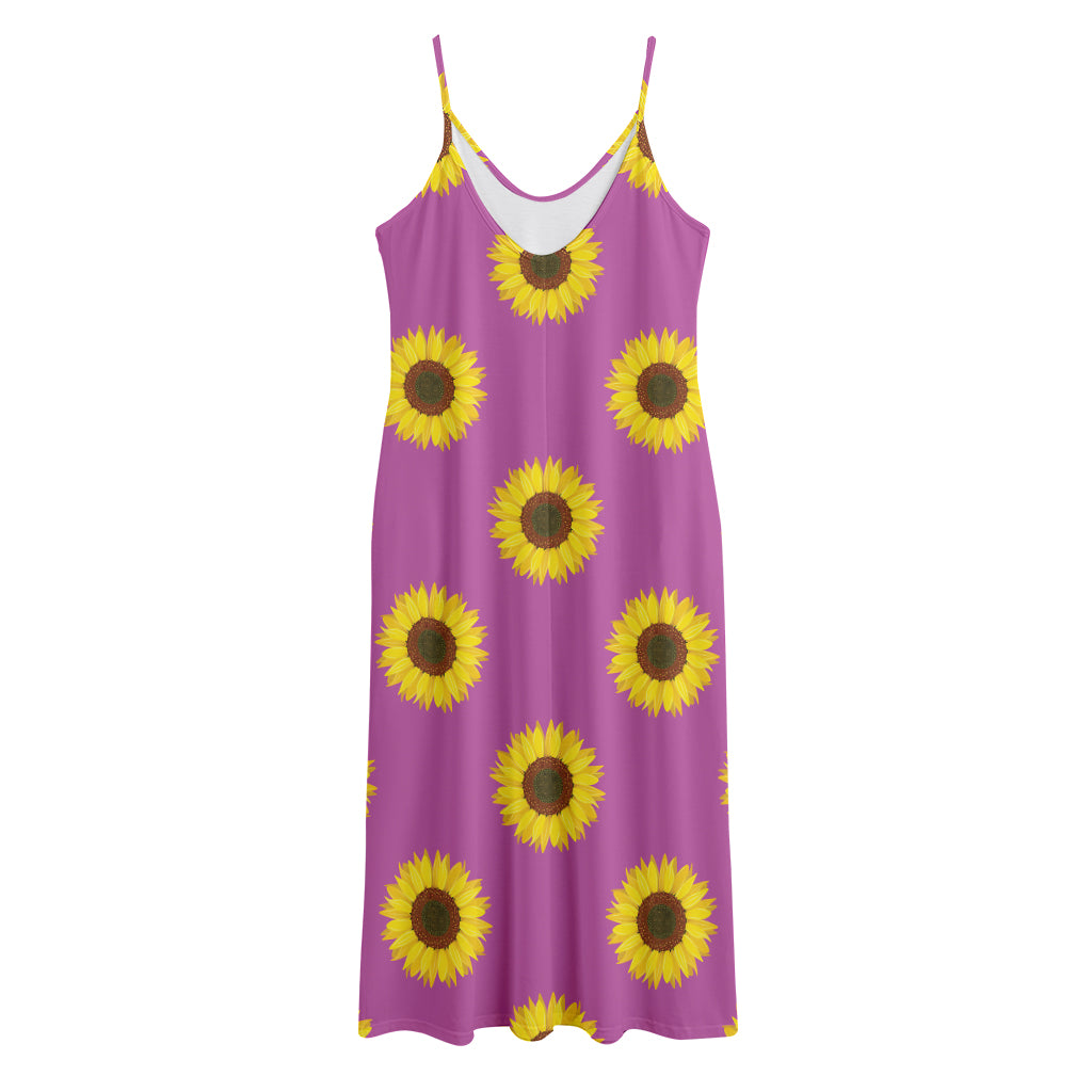 Magenta Pink Sunflower Pattern Print Jersey Midi Cami Dress