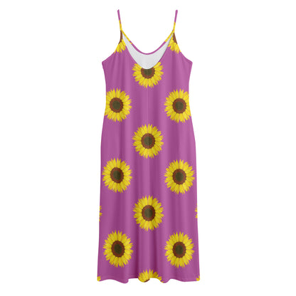 Magenta Pink Sunflower Pattern Print Jersey Midi Cami Dress
